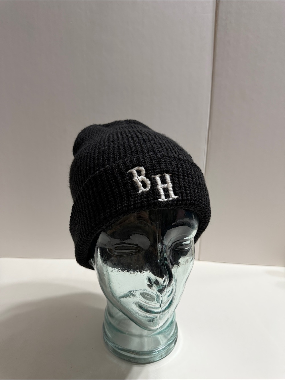 Embroidered ‘BH’ Black Knit Beanie - Men